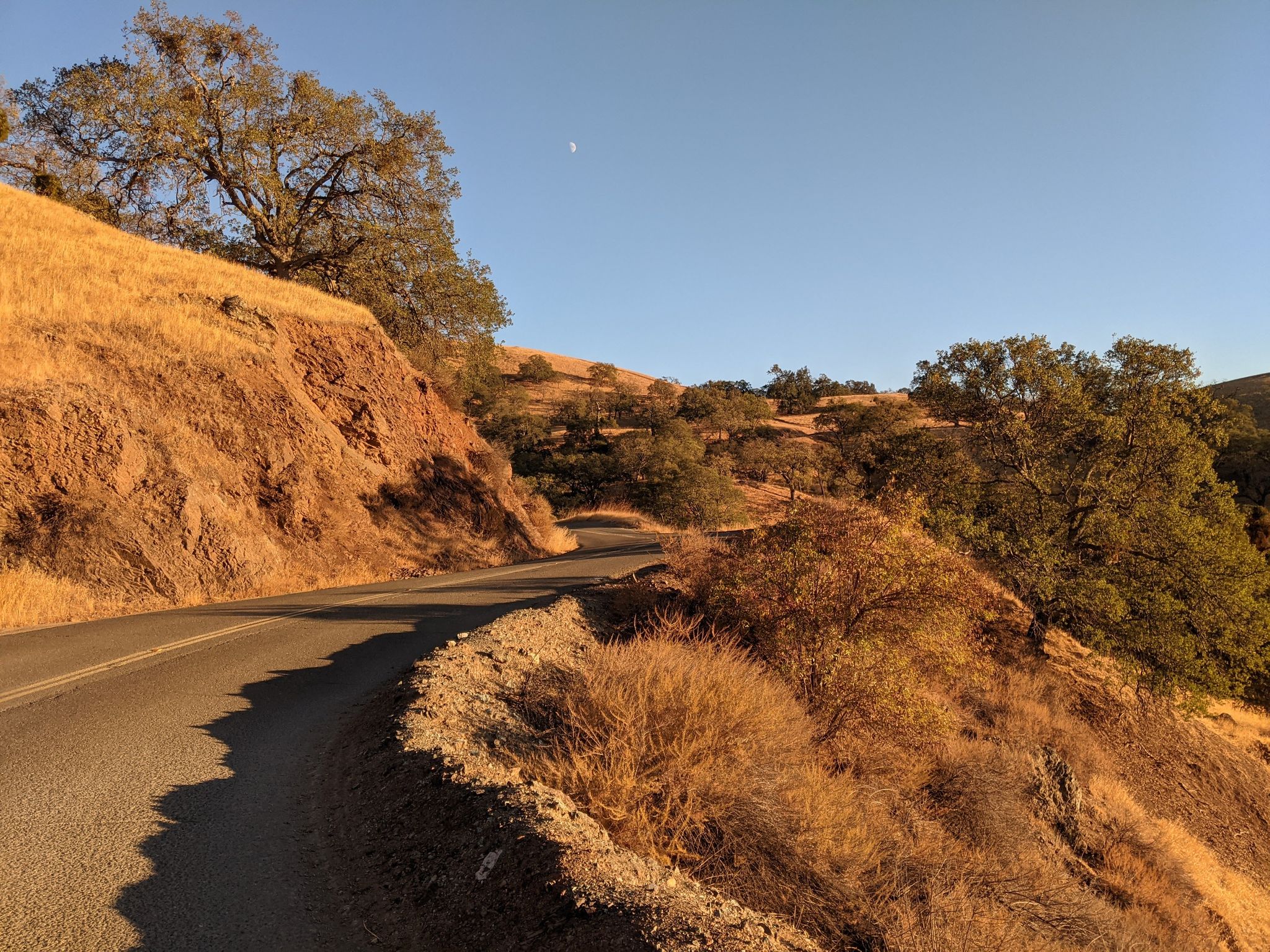 Winding road through golden hills under a clear sky at sunset. - Bike loop from De La Salle High School