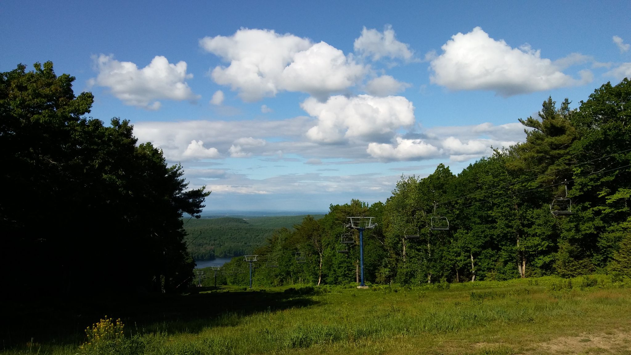 Grassy mountain slope with ski lift towers and a distant lake. - Wachusett Mountain Climb loop from Lancaster