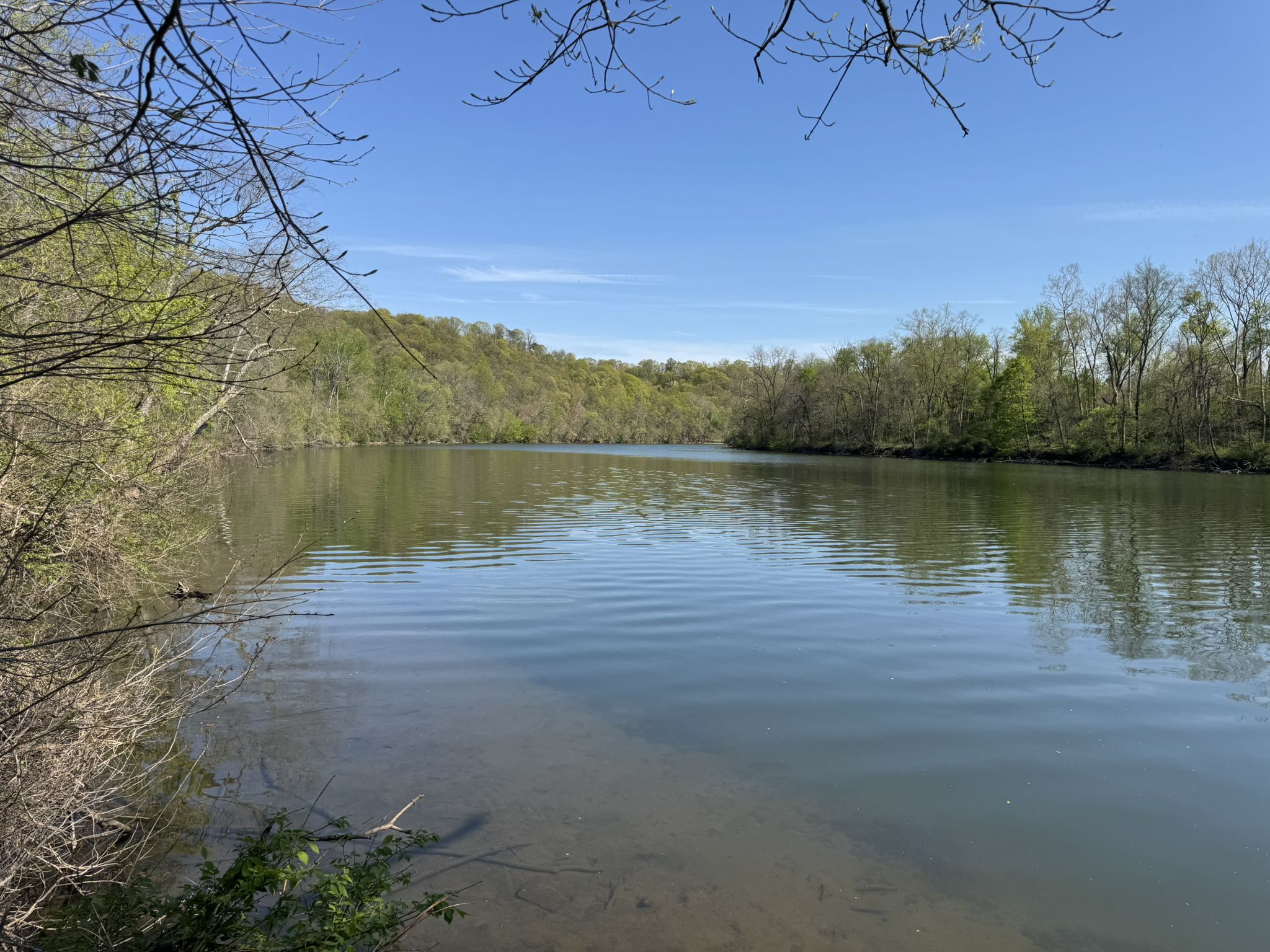 Calm river reflecting a clear blue sky, bordered by green and bare trees. - Lock 60 – Schuylkill East Trail loop from Cromby