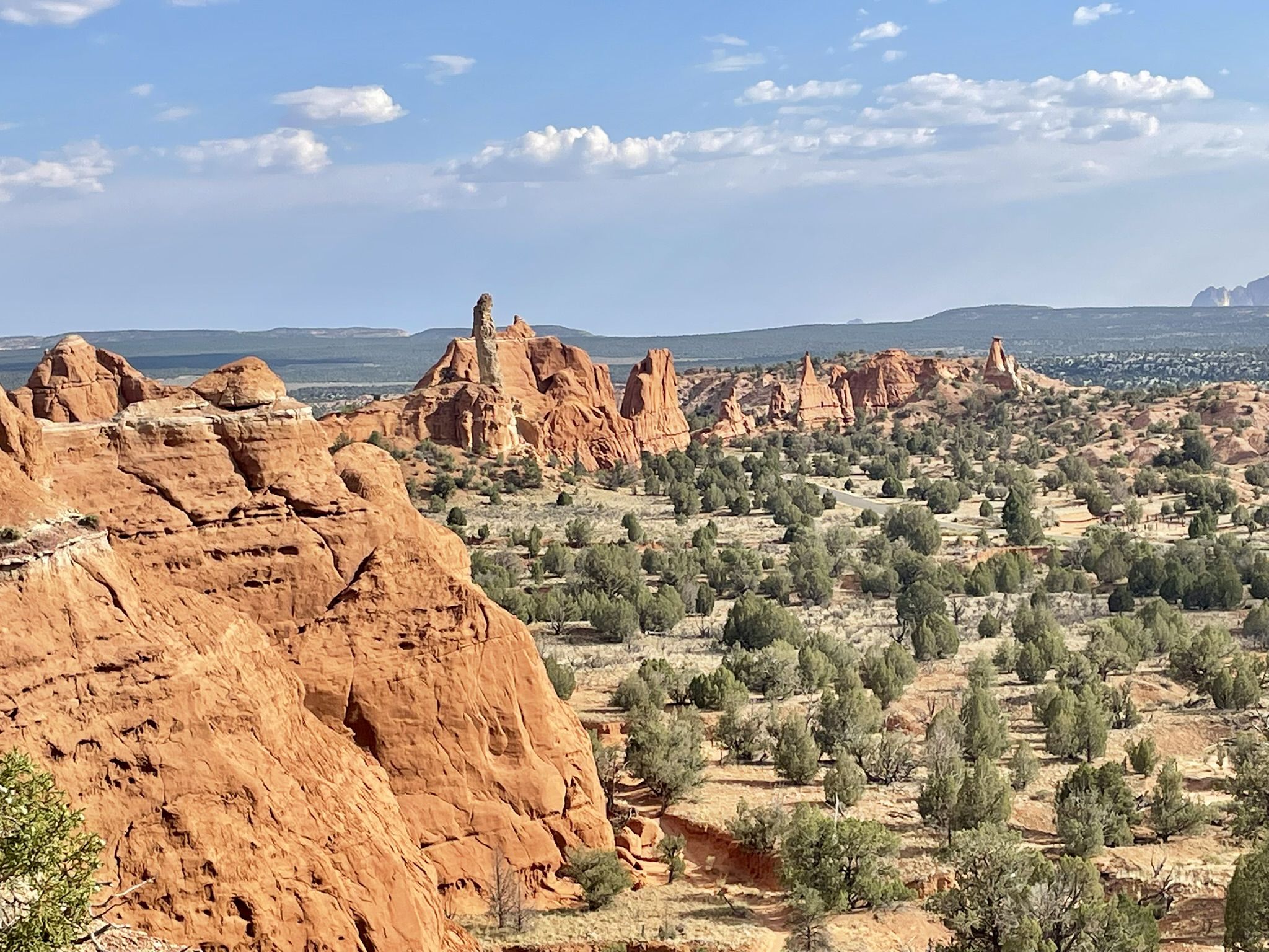 Red rock formations and green shrubs under a blue sky with white clouds. - Angels Palace Trail