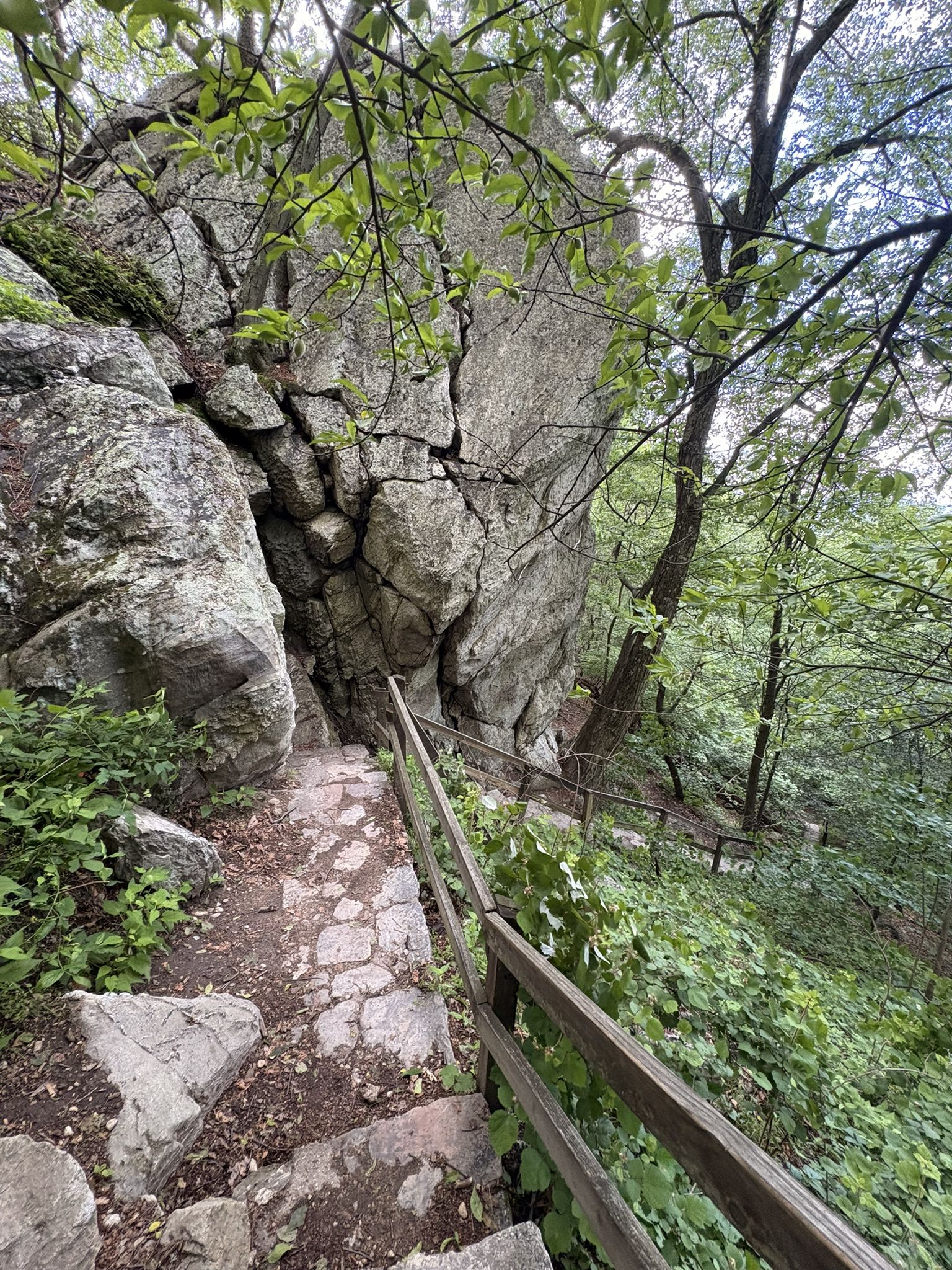 Steep stone steps with wooden railing next to large rock formations in a forest. - West View – East View loop from Sugarloaf Mountain