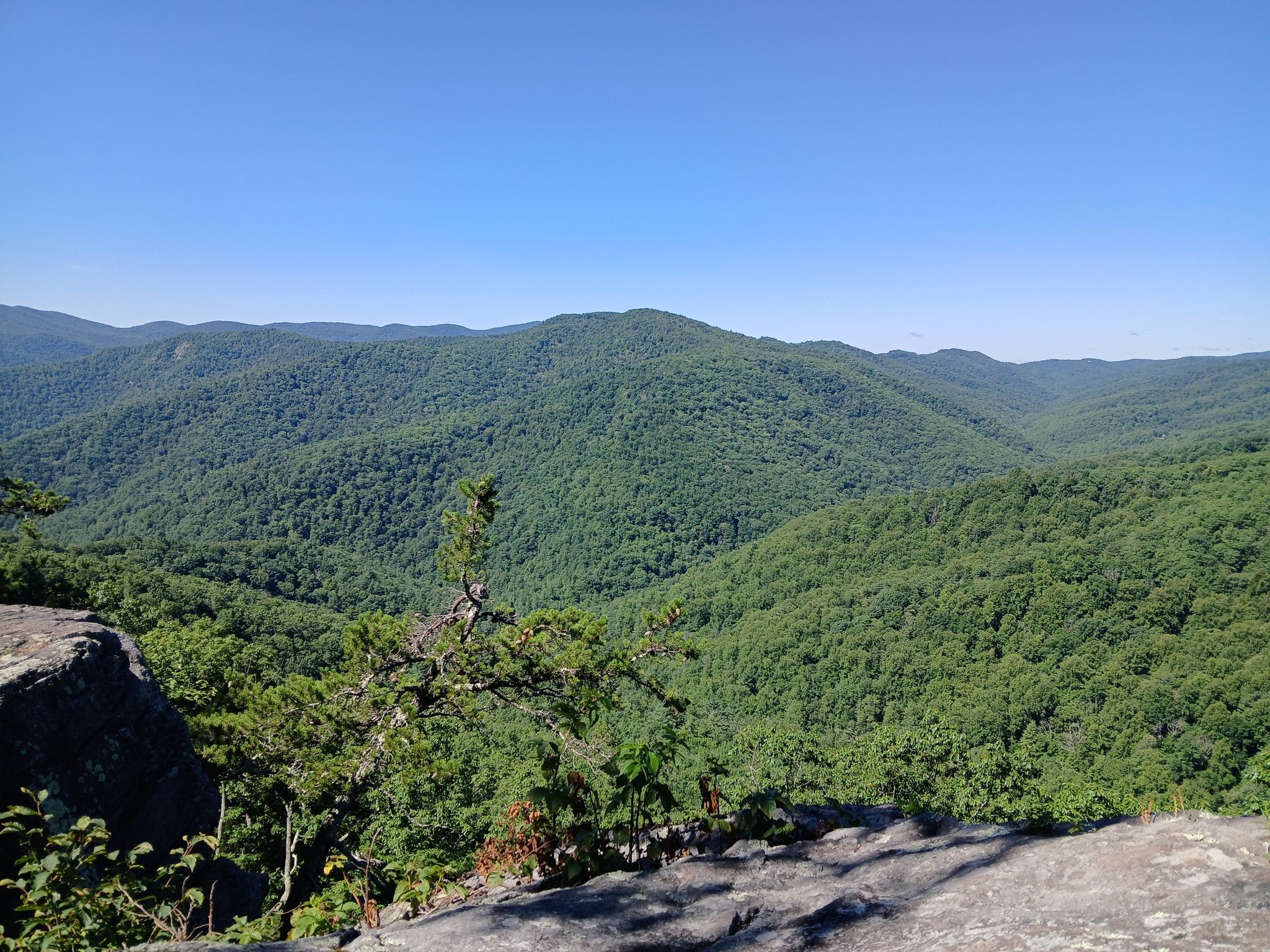 Expansive view of lush green mountains and valleys under a clear blue sky. - White Rock Falls – Slacks Overlook Trail loop from South River Number 27 Dam