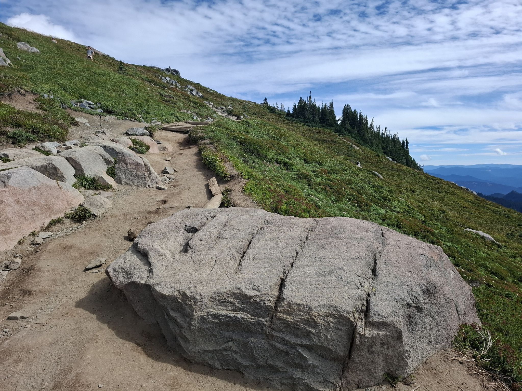 A large rock in the foreground next to a dirt path, ascending a grassy mountain slope. - Skyline Trail Loop