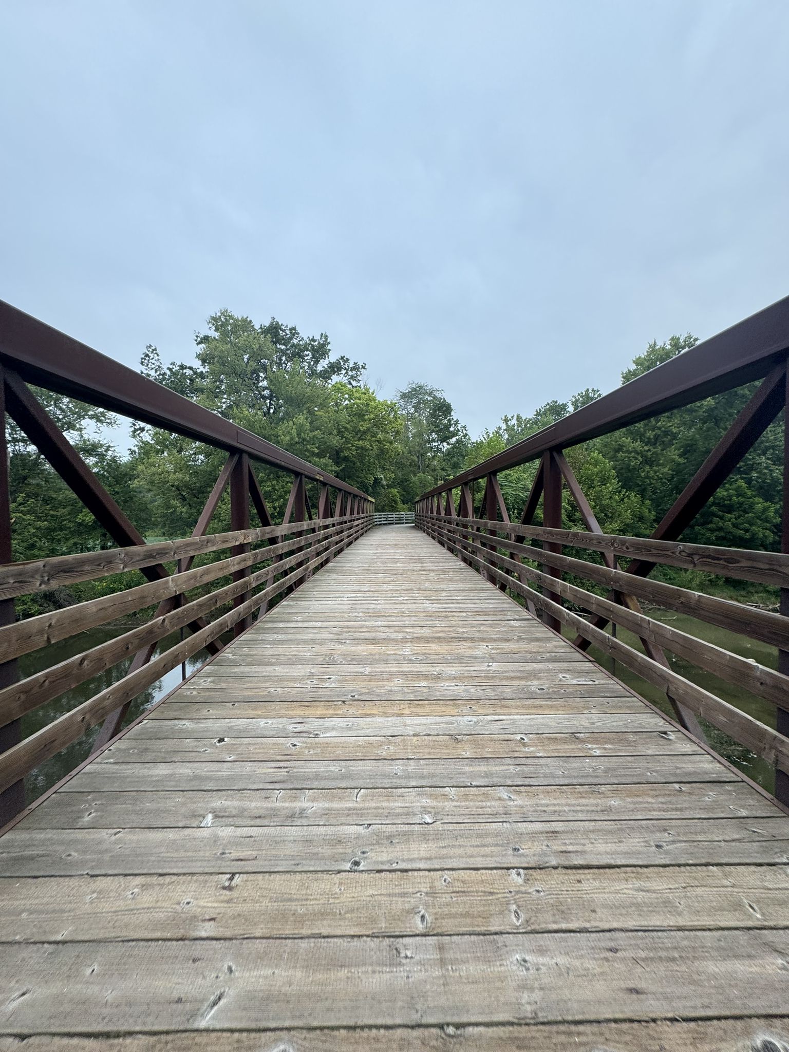 Long wooden and metal bridge extending into green trees under a cloudy sky. - Roadbike loop from Navarre