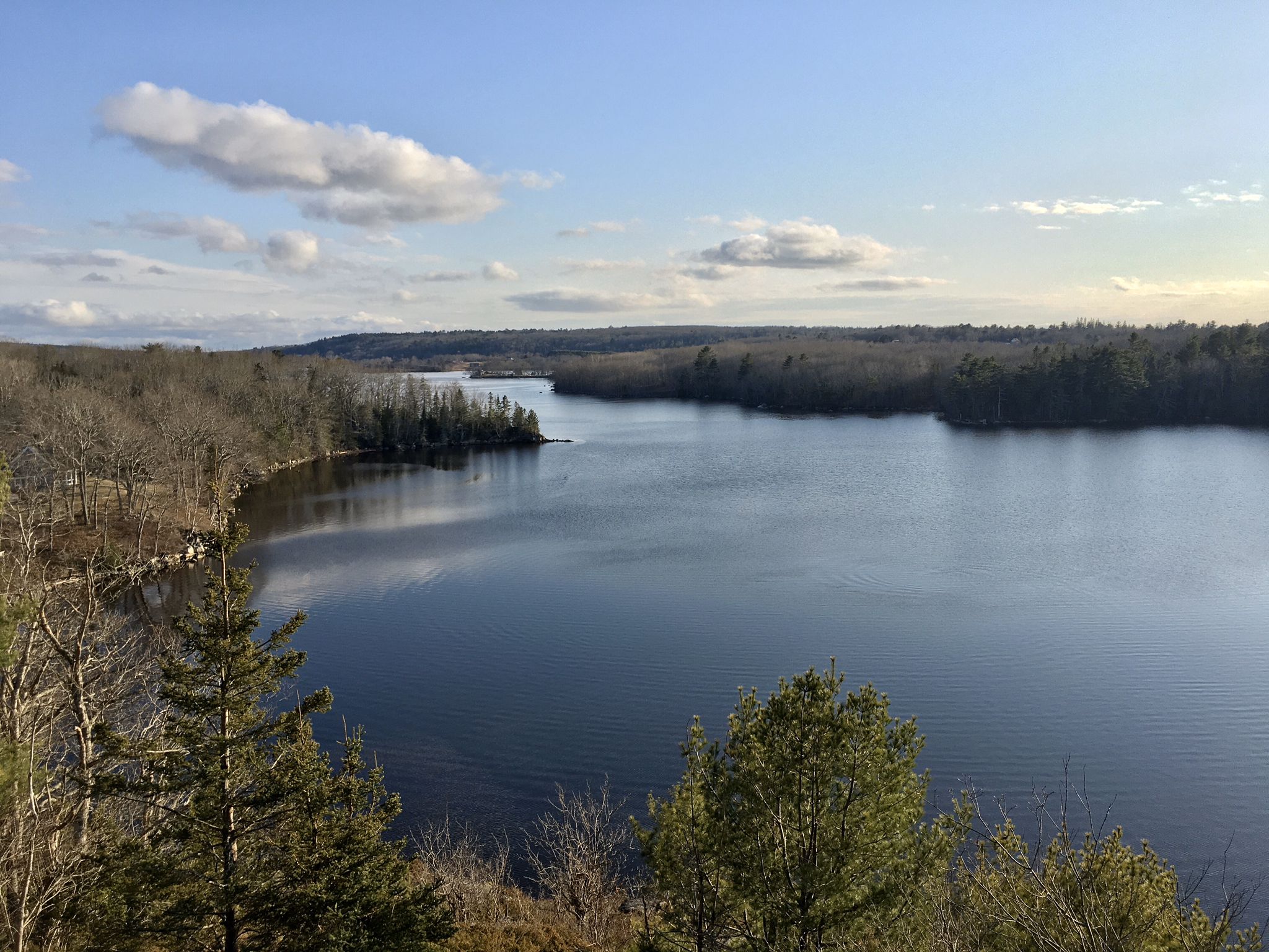 A wide river winds through a forested landscape under a partly cloudy sky. - Bluff Head Preserve Loop