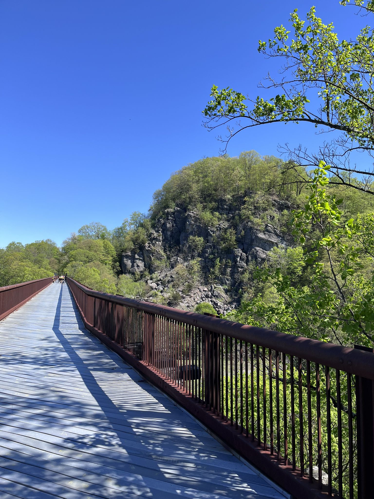 A long bridge with red railings next to a rocky, tree-covered cliff. - Springtown Truss Bridge – Nice old railway bridge with a view loop from Tillson