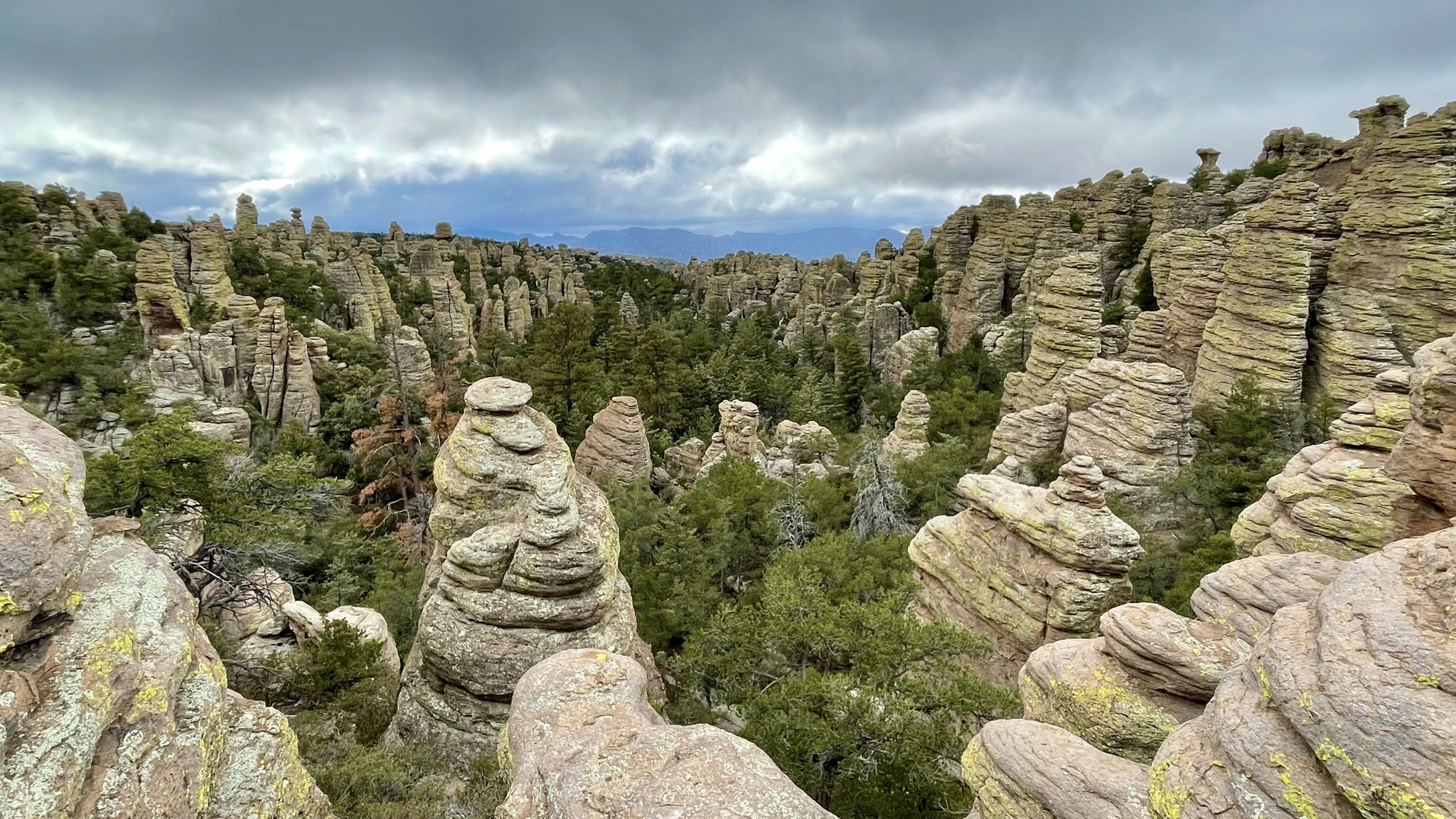 Valley filled with rock pinnacles and green trees under cloudy skies. - Heart of Rocks Loop from Visitor Center