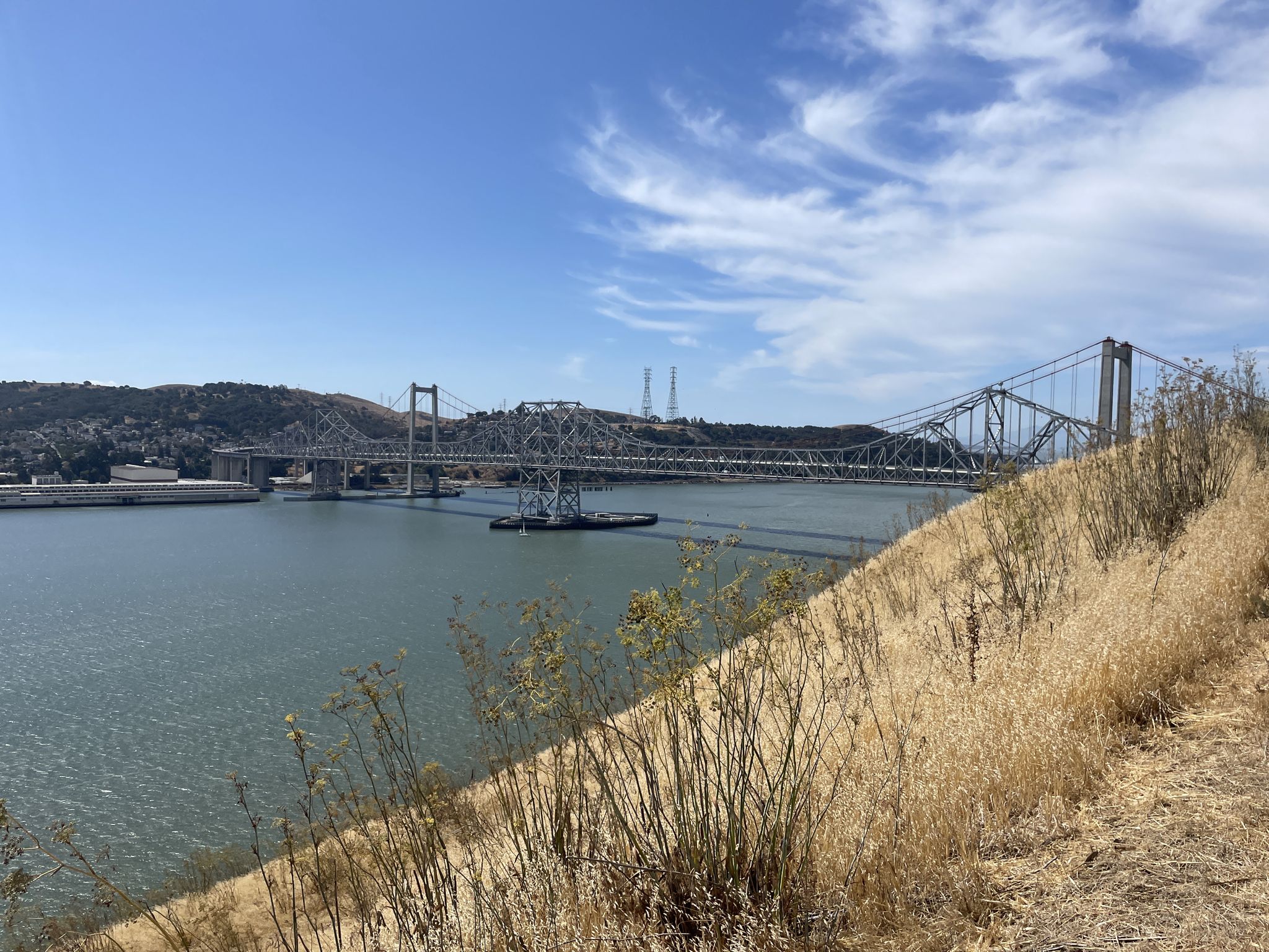 A large bridge spans calm water under a bright, cloudy sky. - Lighthouse Vineyard – Carquinez Overlook Trail loop from Carquinez Bridge