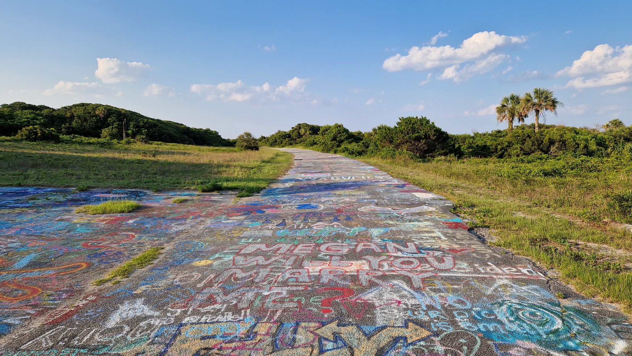 Paved road covered in colorful graffiti, surrounded by green fields. - Morris Island Lighthouse Trail