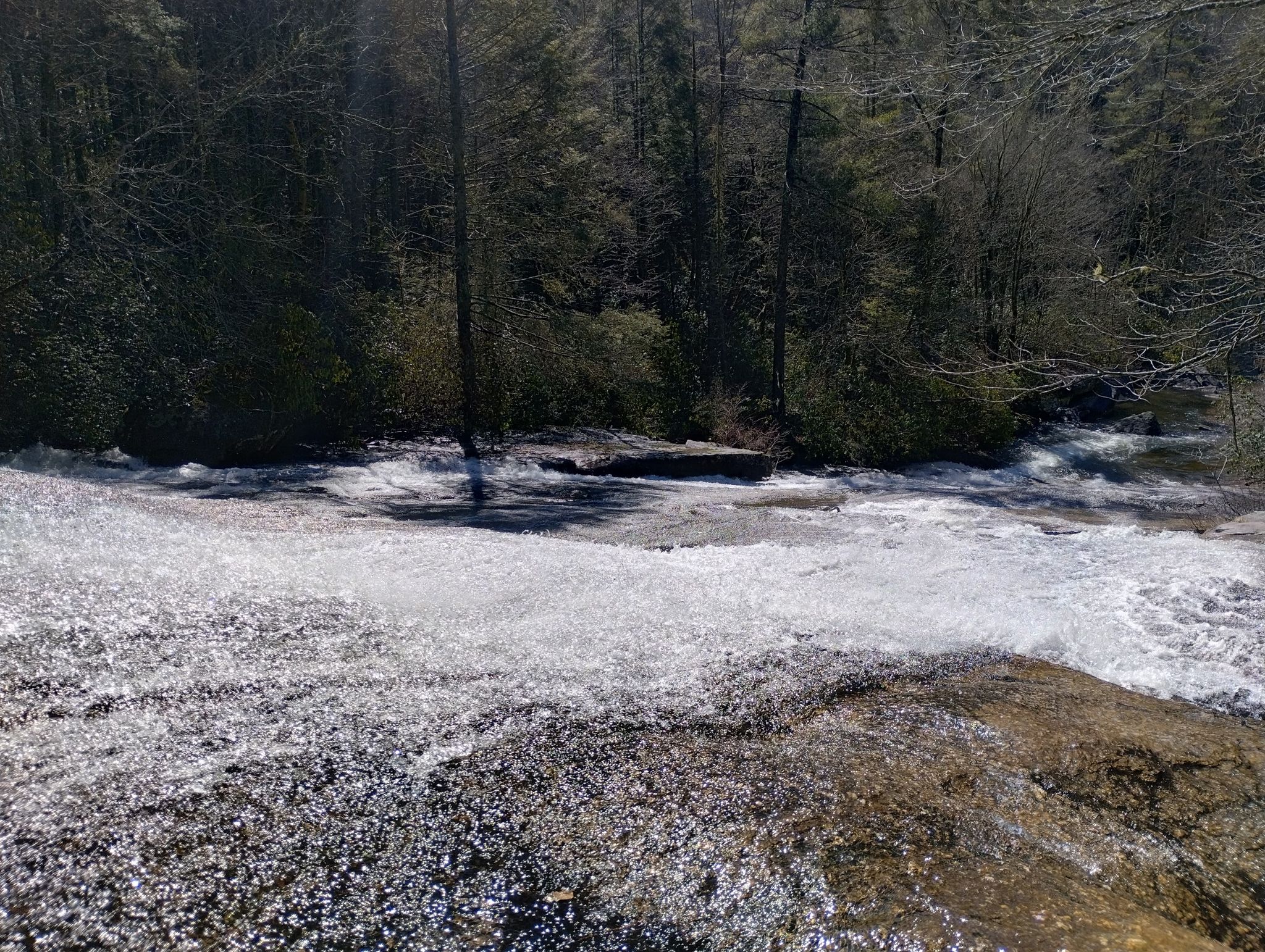 Foaming water cascades over a wide, rocky waterfall in bright daylight. - Downhill Fun - Ridgeline Trail – Grassy Creek loop from Guion Farm Access Area
