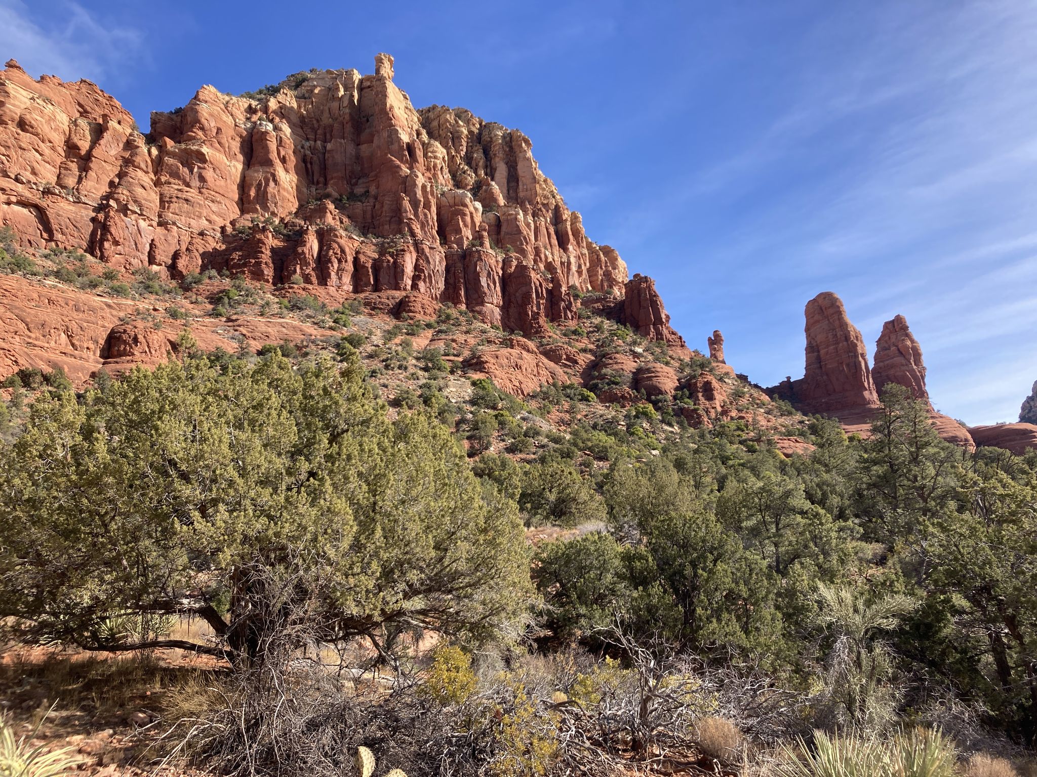 Towering red rock formations under a bright blue sky with green desert foliage. - Bell Rock Pathway to Llama Trail
