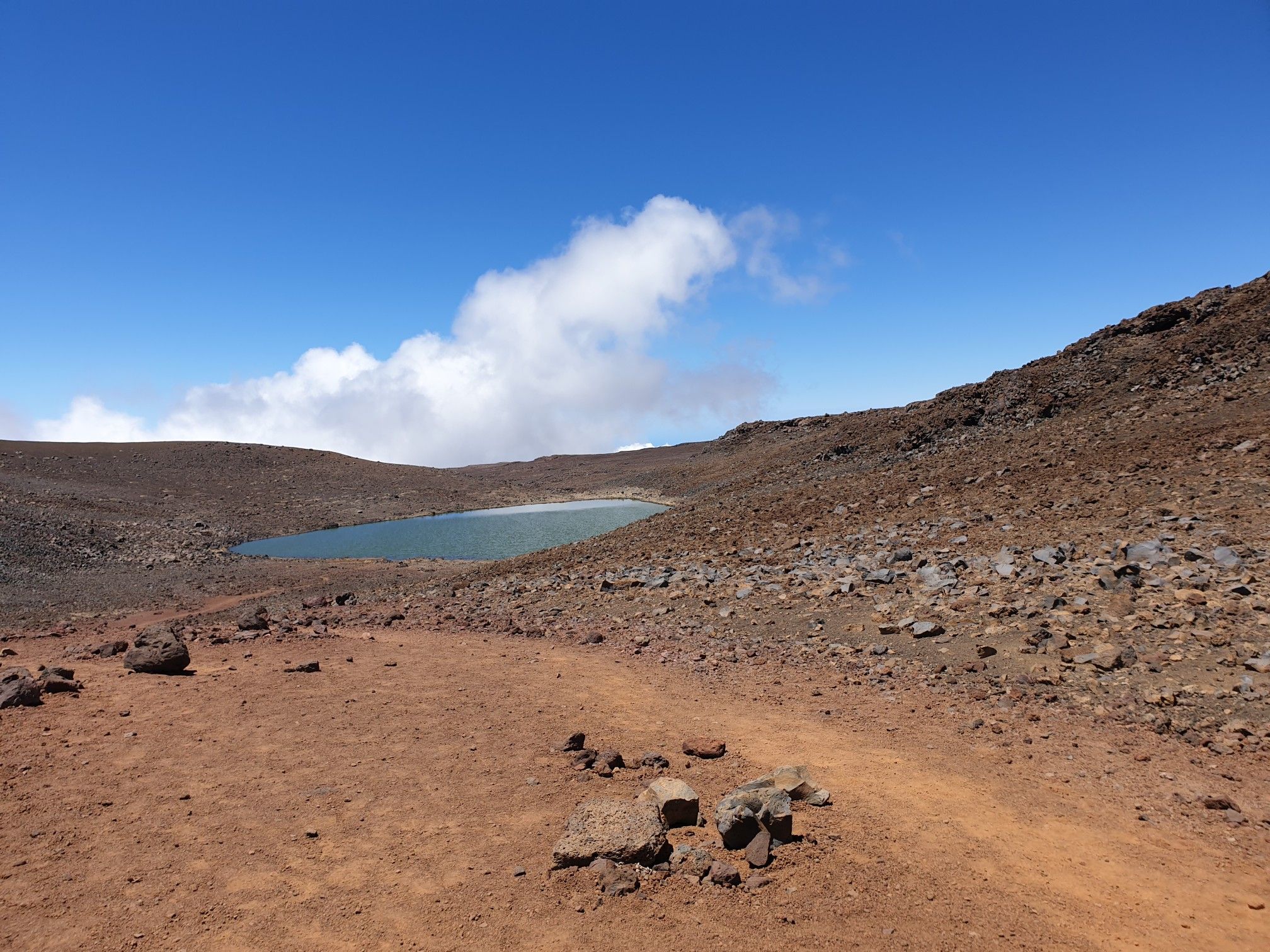 Distant blue lake in a vast, rocky, reddish-brown landscape under a blue sky. - Lower Lake Waiau Trail