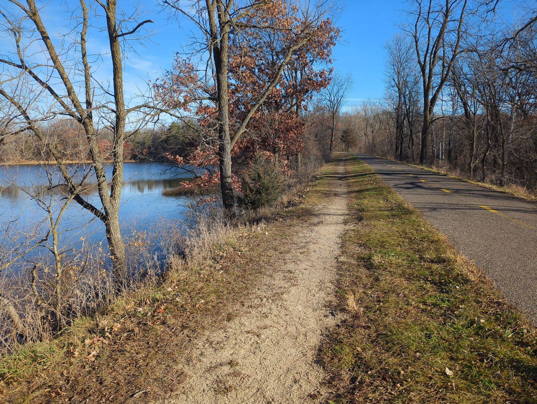 Dirt path and paved road beside a lake with bare trees, sunny. - Gateway and Brown's Creek Trail Loop
